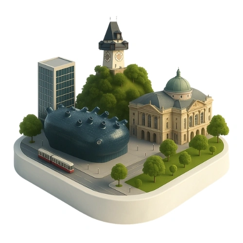 3D-Grafik von Graz mit dem Uhrturm auf dem Schlossberg und dem Kunsthaus als Standort für Veranstaltungstechnik Graz mieten.