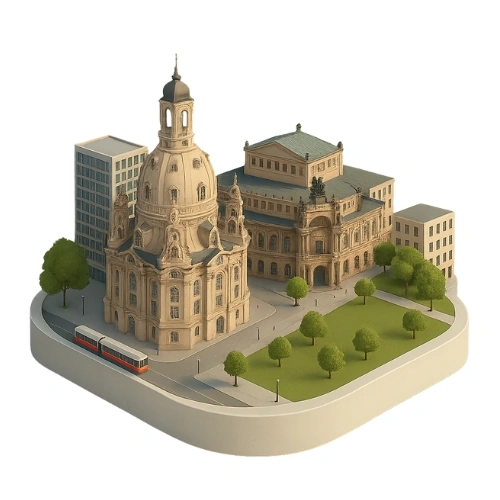 3D-Grafik von Dresden mit der barocken Frauenkirche und ihrer Kuppel als Standort für Veranstaltungstechnik Dresden mieten.