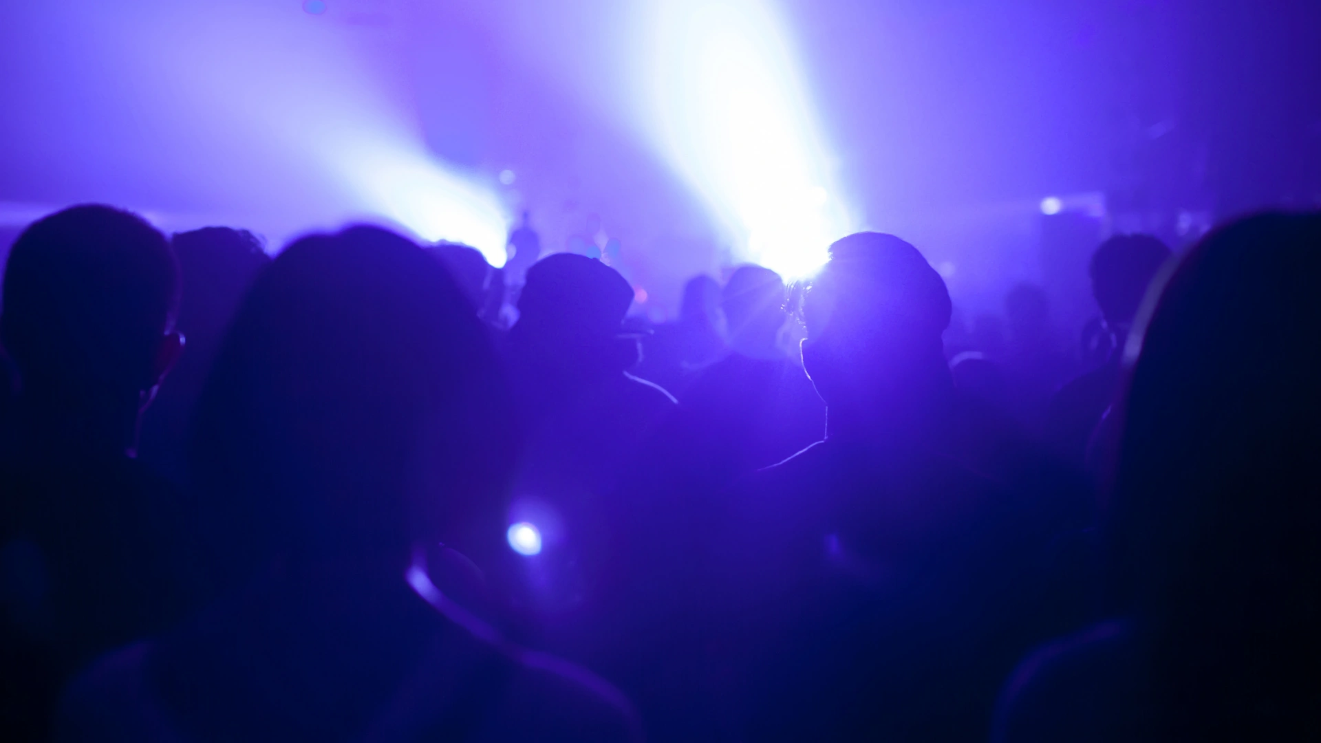 Konzertpublikum als Silhouette vor violetten Bühnenlichtern für Veranstaltungstechnik mieten in Duisburg.