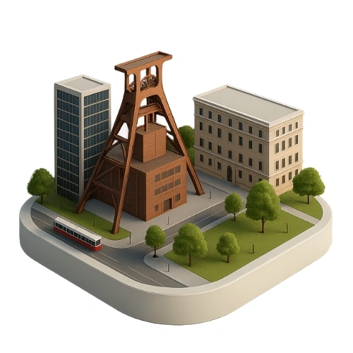 3D-Grafik von Essen mit dem Fördergerüst der Zeche Zollverein als Standort für Veranstaltungstechnik Essen mieten.