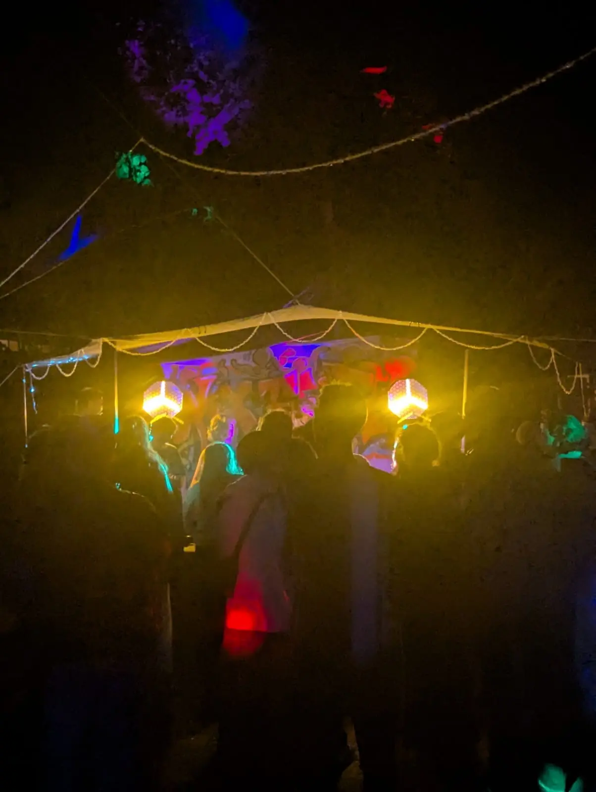 Feiernde Gäste unter einem Pavillon mit bunten Lichtern bei einer Gartenparty am Abend zu Veranstaltungstechnik mieten in Mainz.