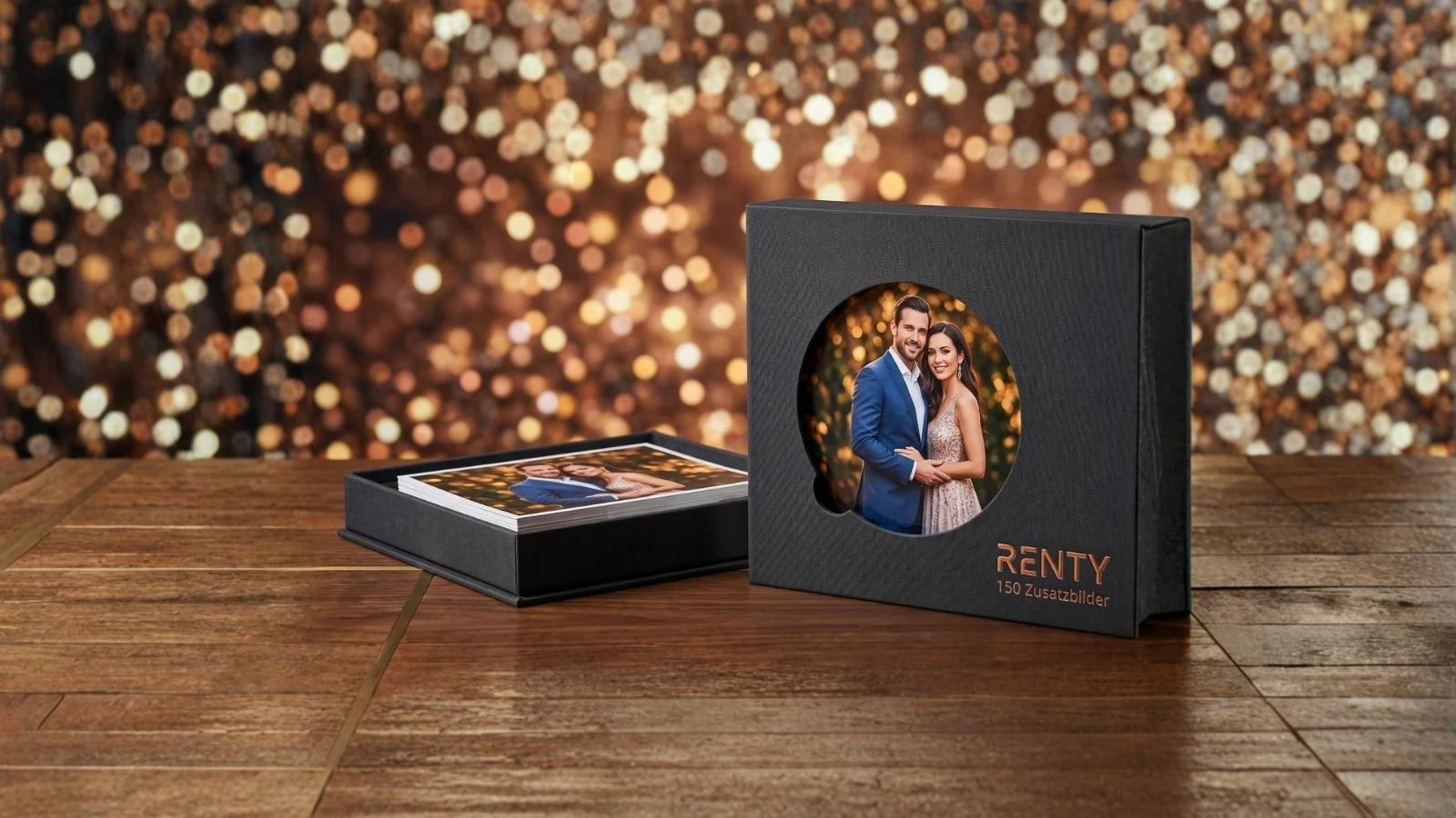 Renty Fotobox-Nachfüllset für 150 zusätzliche Sofortbilder mit schwarzer Box und Fotopapier.
