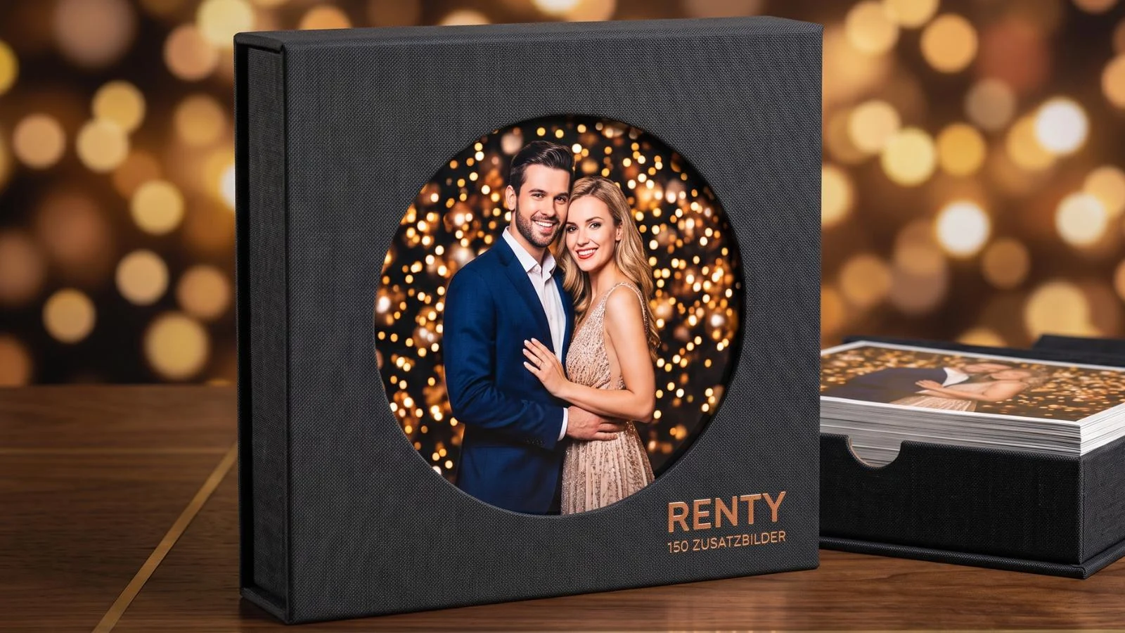 Schwarze Renty Box mit 150 zusätzlichen Fotobox-Sofortbildern und gestapelten Fotopapieren.