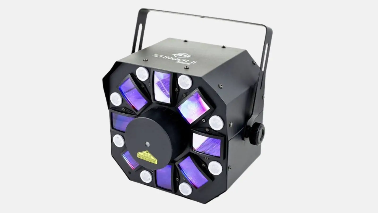 ADJ Stinger II Multi-Effekt-Licht in Schwarz mit vielen Linsen und Laser, blau-violett leuchtend vor weißem Hintergrund.