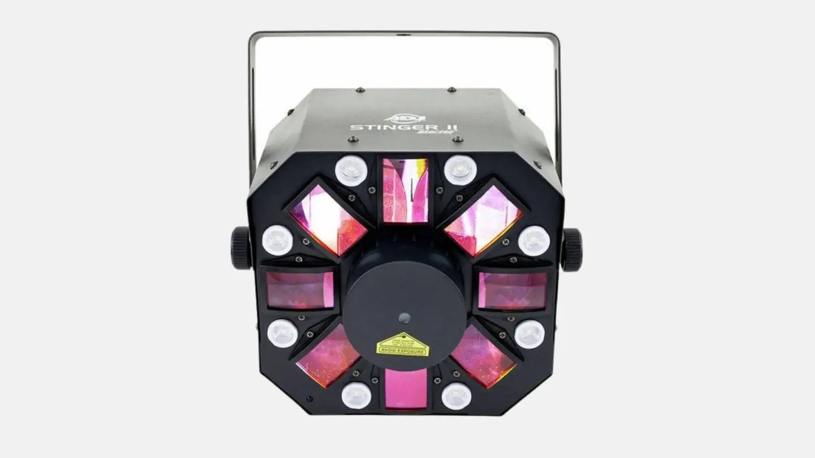 ADJ Stinger II Multi-Effekt-Licht in Schwarz von vorn mit pink leuchtenden Linsen und Laseröffnung vor weißem Hintergrund.