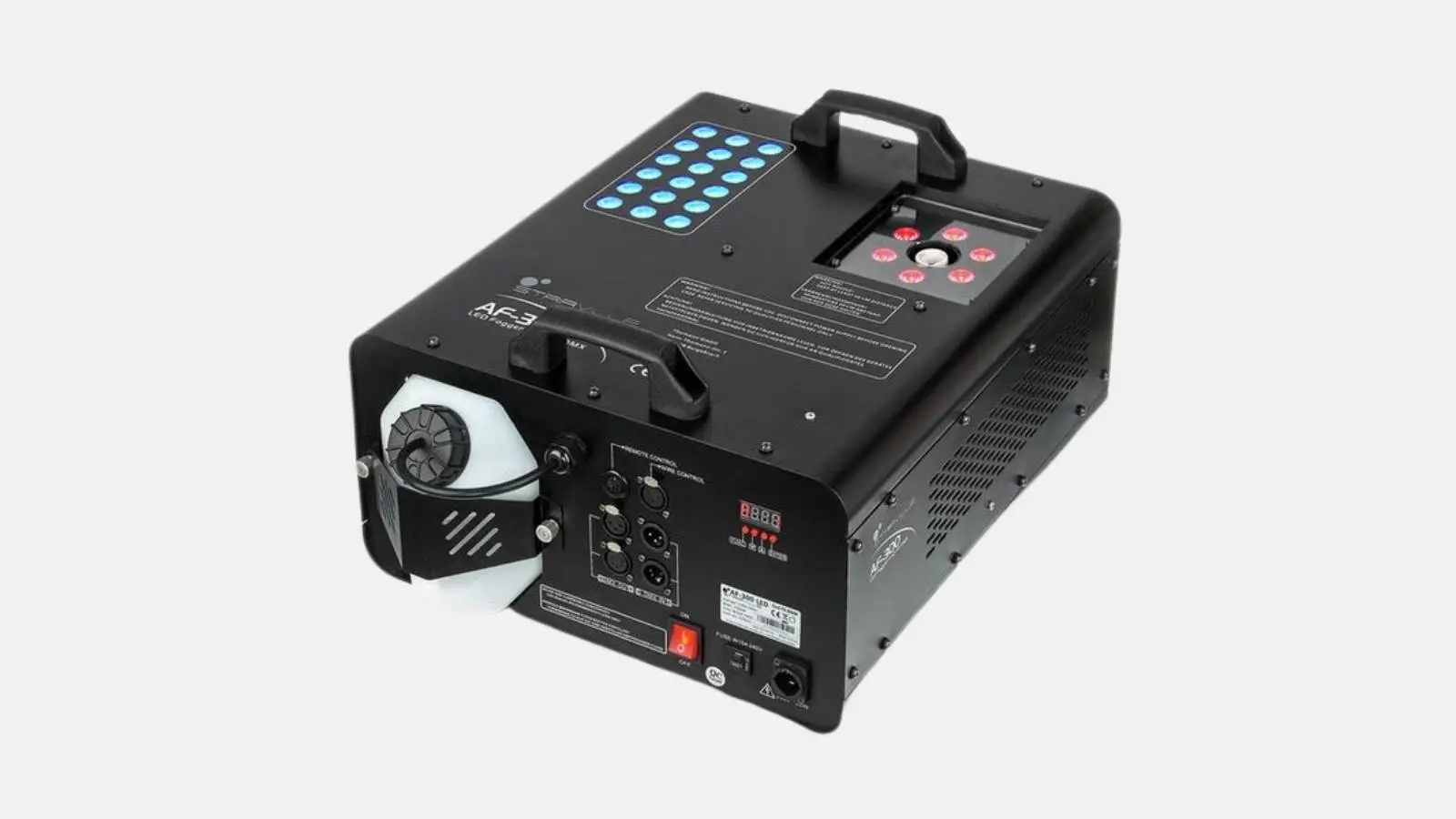 AF-300 LED Fogger Co2 Vertikal-Nebelmaschine in Schwarz mit integrierten RGB-LEDs und Anschlussfeld vor hellem Hintergrund.
