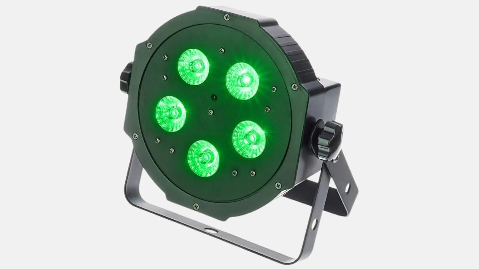 ADJ Mega TriPar Profile Plus LED-PAR-Scheinwerfer in Schwarz mit fünf grün leuchtenden LEDs vor weißem Hintergrund.