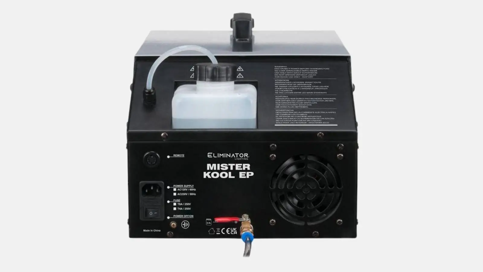 ADJ Mister Kool II Bodennebelmaschine in Schwarz von hinten mit Fluidtank und Anschlussfeld vor hellem Hintergrund.