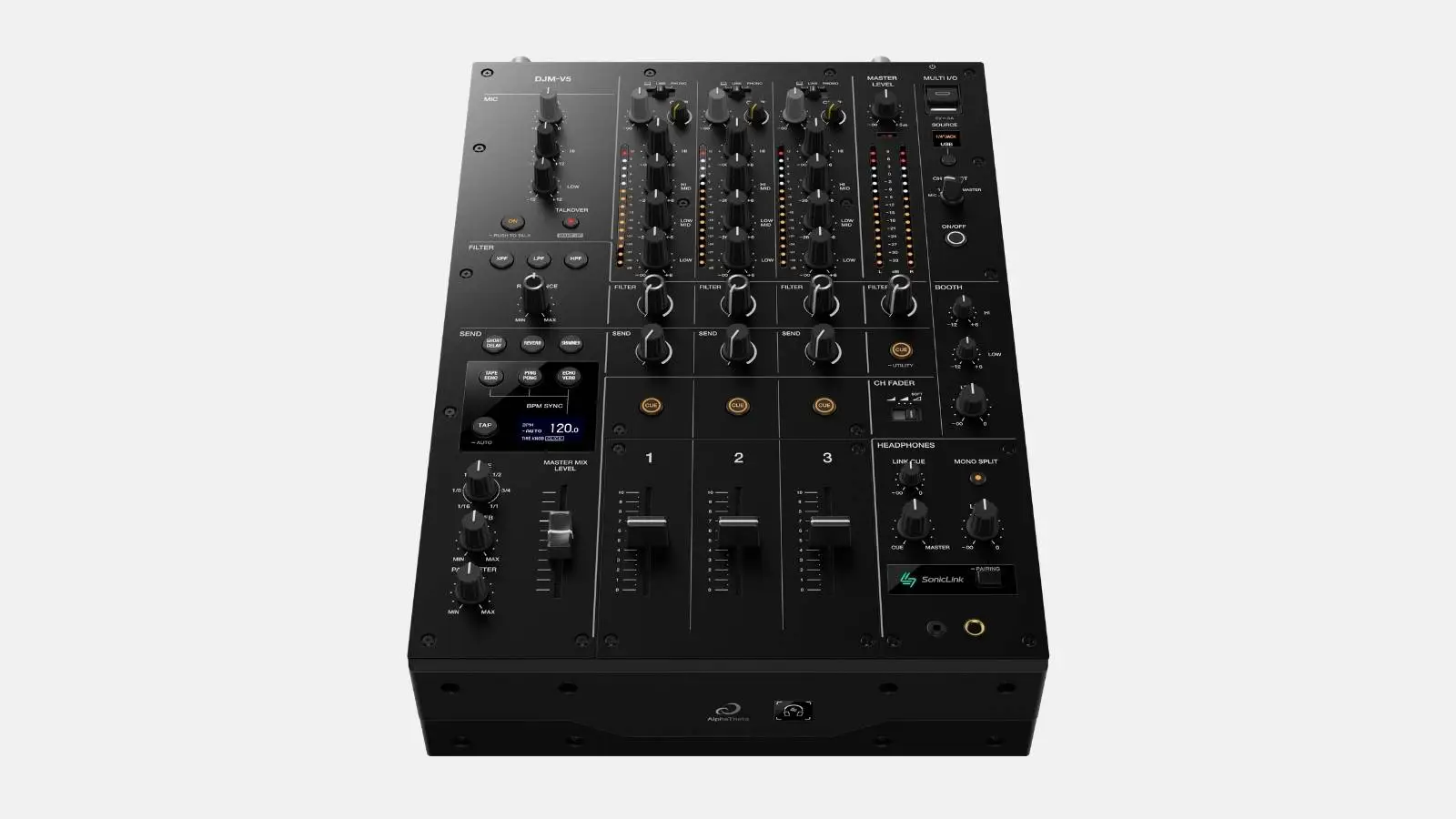 AlphaTheta DJM-V5 Vierkanal-DJ-Mixer in Schwarz in Schrägansicht mit Drehreglern und Fadern vor weißem Hintergrund.