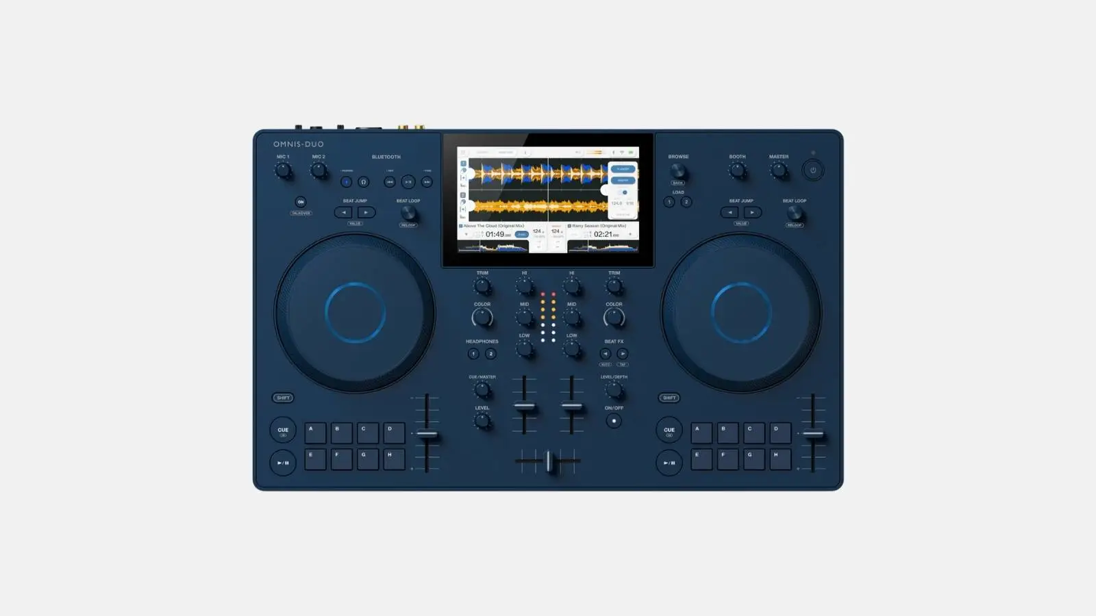 AlphaTheta OMNIS-DUO Standalone-DJ-Pult in Dunkelblau mit zwei Jogwheels und Touchscreen von oben vor weißem Hintergrund.