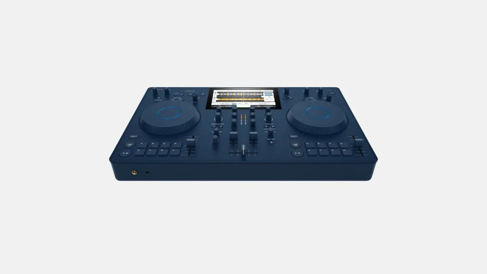 AlphaTheta OMNIS-DUO Akku-DJ-Pult in Dunkelblau in Schrägansicht mit zwei Jogwheels und Touchscreen vor weißem Hintergrund.