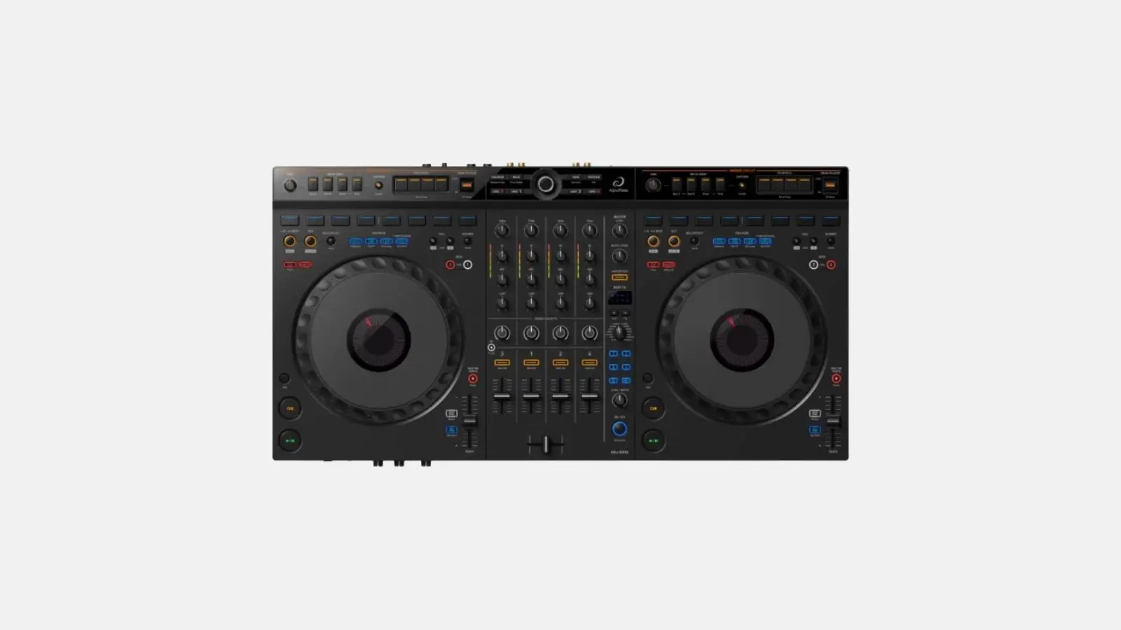 AlphaTheta DDJ-GRV6 DJ-Controller in Schwarz mit zwei Jogwheels und Vierkanal-Mixer von oben vor weißem Hintergrund.