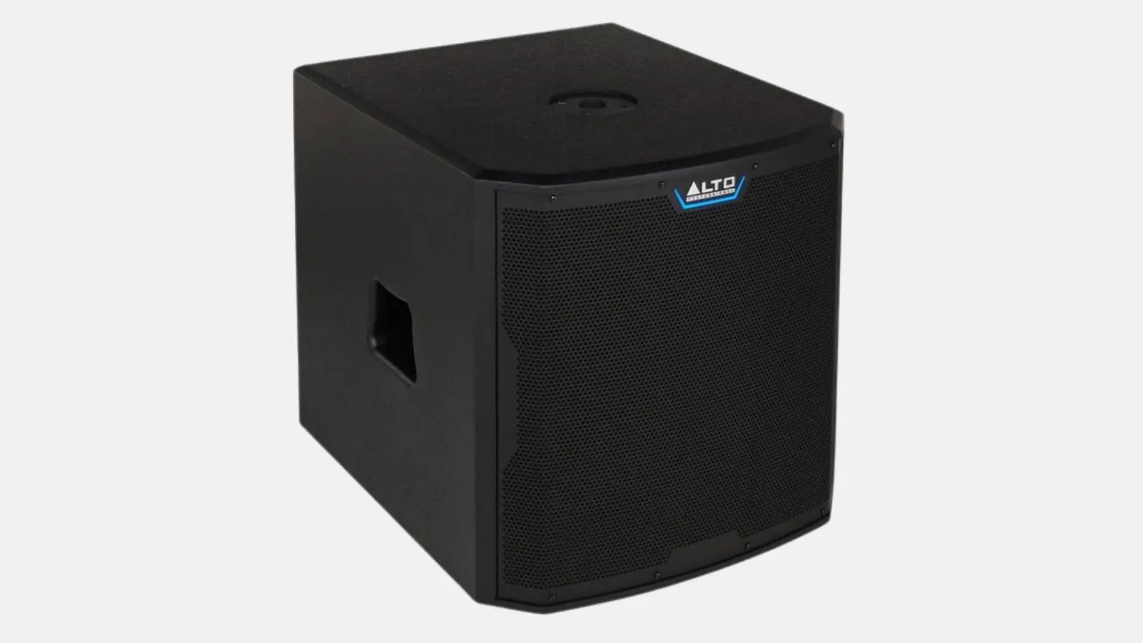 Schwarzer 15-Zoll-Subwoofer der Alto TS Aktiv PA-Anlage mit blauem Logo und Griffmulde, schräg von vorne.