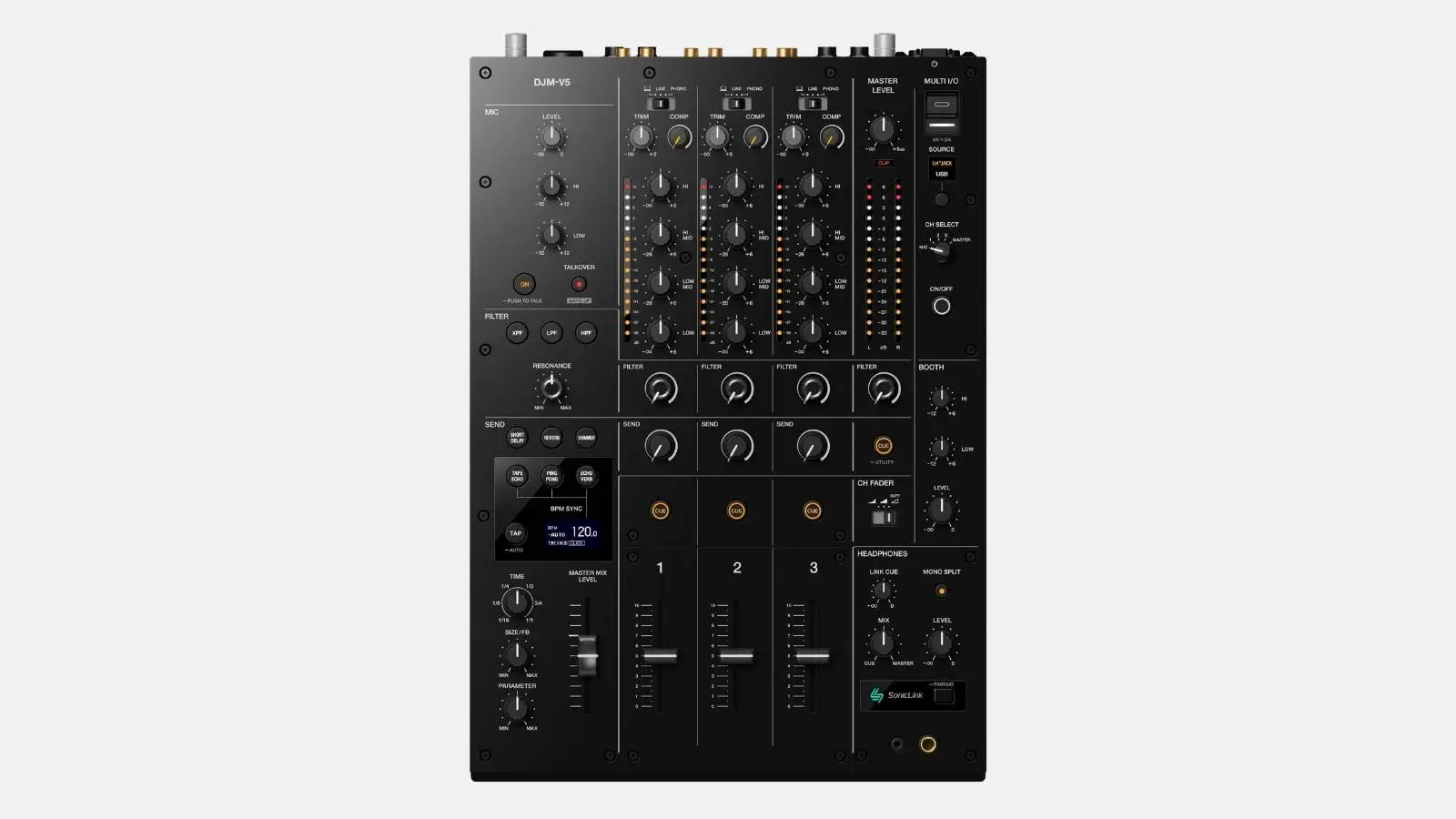 AlphaTheta DJM-V5 DJ-Mixer in Schwarz mit vier Kanälen, Fadern und Effektdisplay von oben vor weißem Hintergrund.
