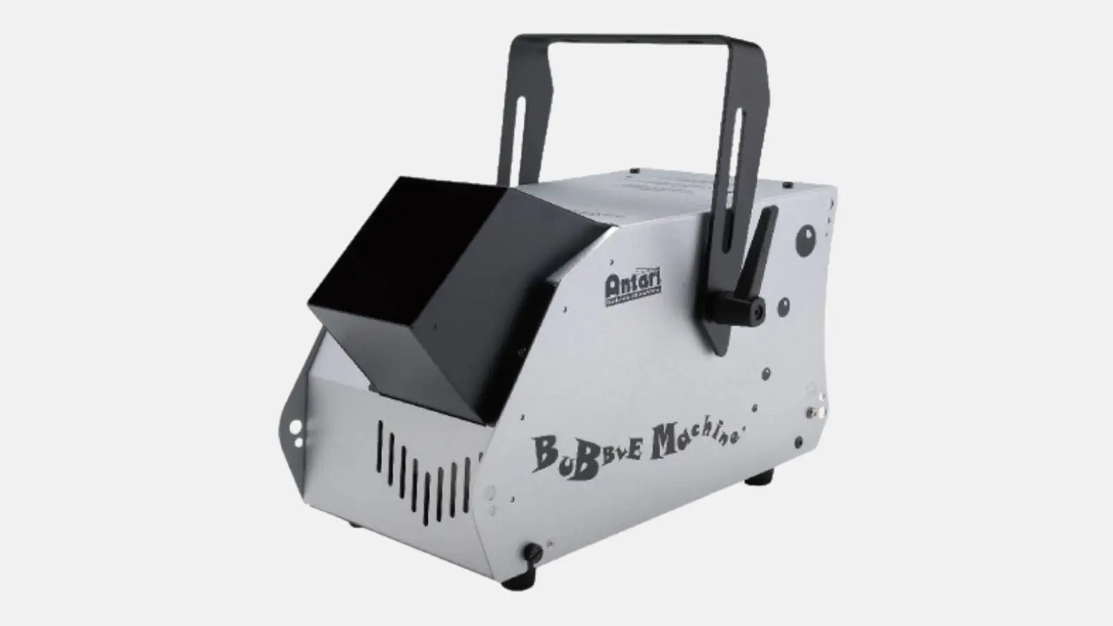 Antari B-100 Bubble Machine Seifenblasenmaschine in Silber mit schwarzem Blasenbehälter und Tragebügel.