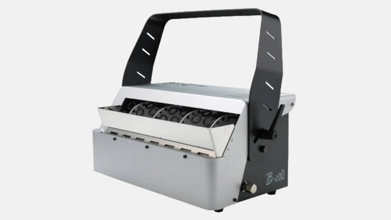Antari B-200 Bubble Machine DMX Seifenblasenmaschine in Silber mit zwei Blasenrädern und schwarzem Tragebügel.