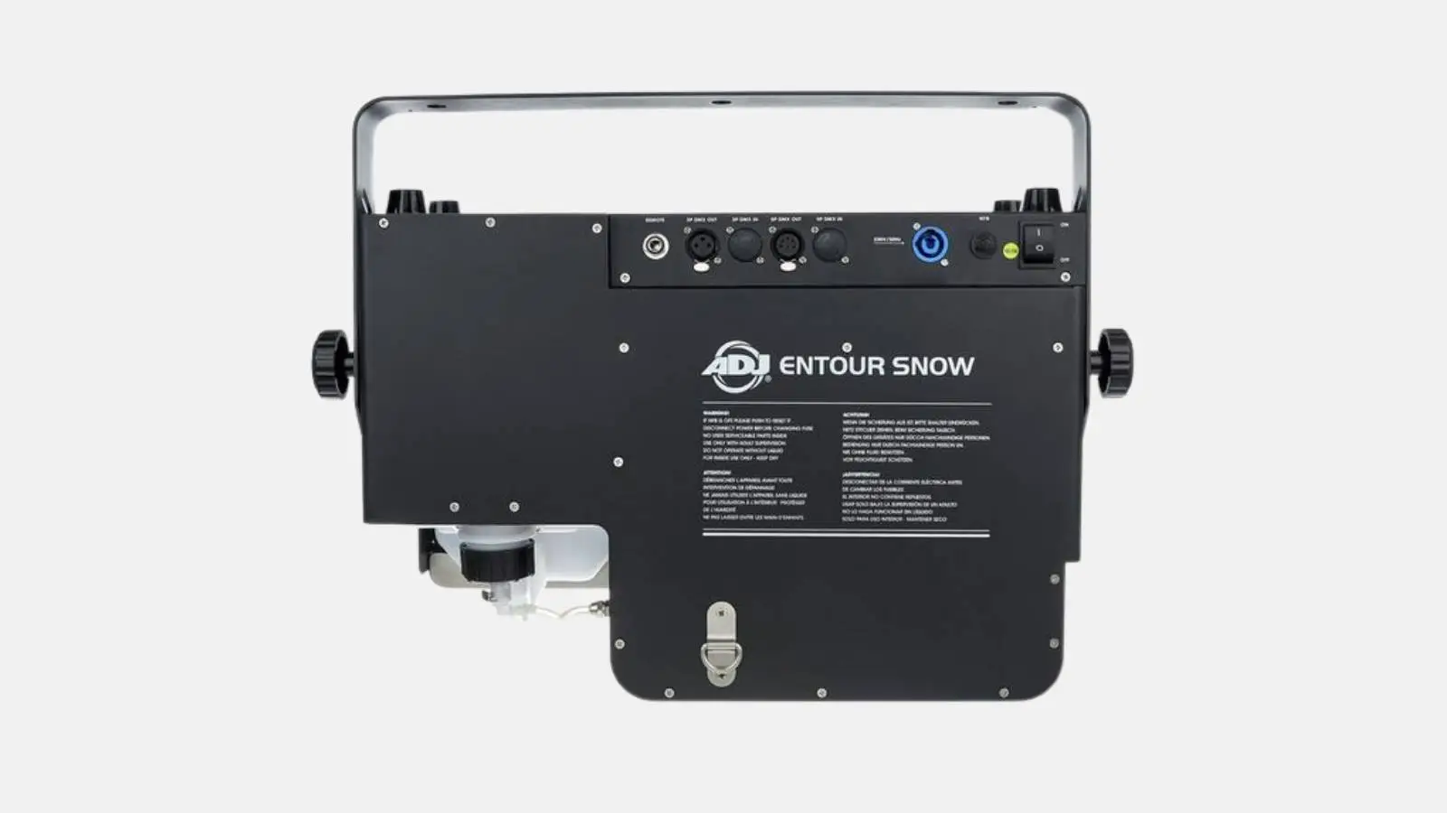 ADJ Entour Snow Schneemaschine in Schwarz von hinten mit DMX-Anschlüssen und Bedienfeld.