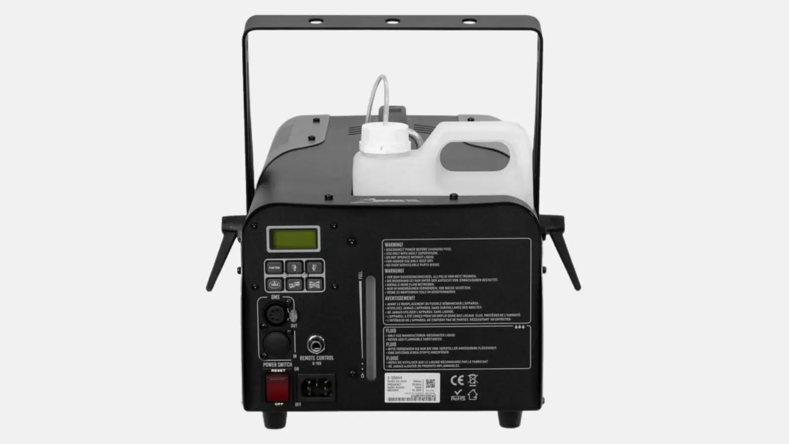 Antari Z-1200X MK3 Nebelmaschine von hinten mit weißem Fluidtank, Display und DMX-Anschlüssen.