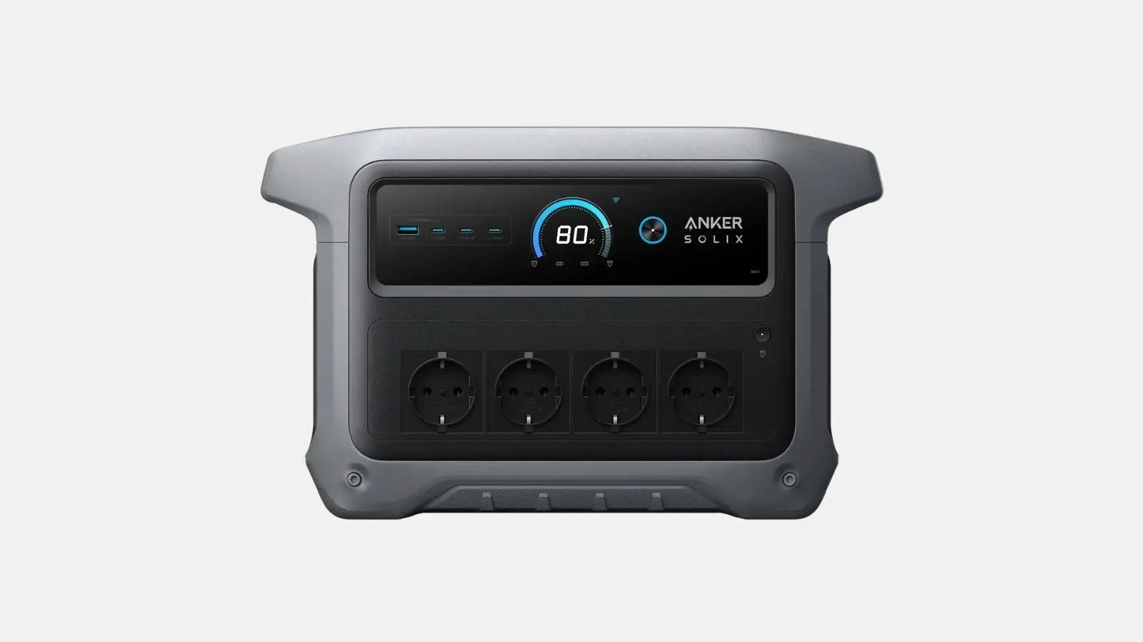 Anker SOLIX C1000 Gen 2 Powerstation in Grau mit vier Schuko-Steckdosen und rundem Ladedisplay, Frontansicht.