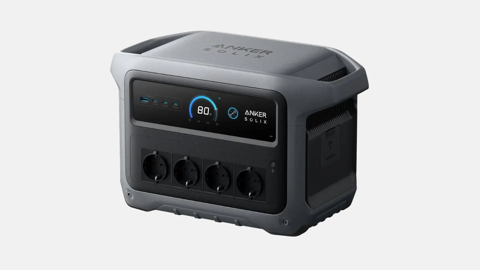 Anker SOLIX C1000 Gen 2 Powerstation in Grau und Schwarz mit vier Schuko-Steckdosen und Display, schräg von vorne.
