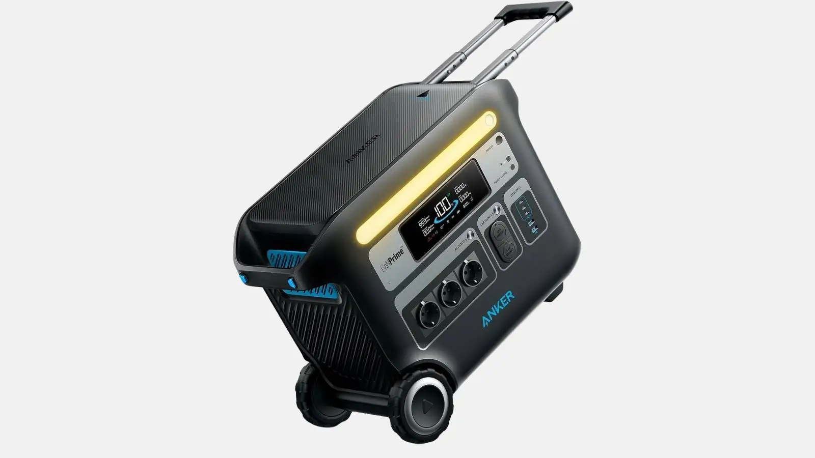 Anker SOLIX F2000 Powerstation in Schwarz mit ausziehbarem Griff und Rollen in Trolley-Bauform, schräg von vorne.