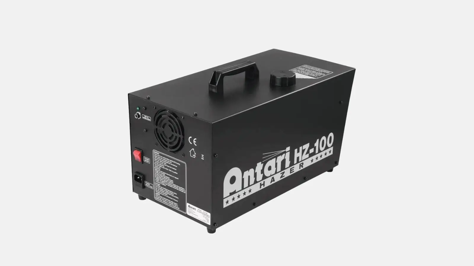 Antari HZ-100 Hazer in Schwarz von hinten mit Lüfter, Anschlussfeld und Bedienelementen.