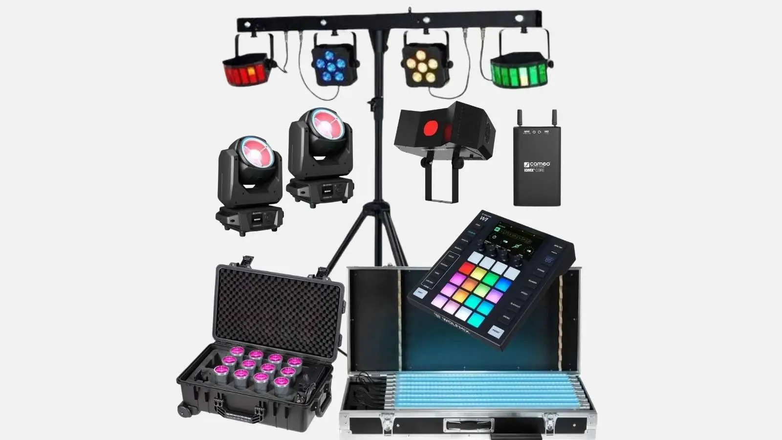 Ape Labs Lichtshow-Paket mit LED-Effekten auf Stativ, zwei Moving Heads, Cases und Wireless-DMX-Sender vor weißem Hintergrund.