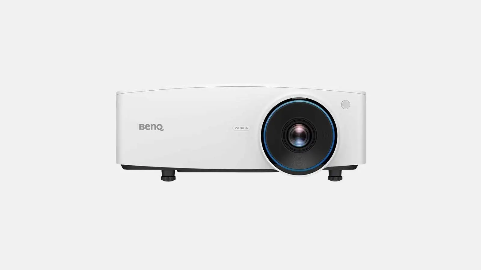 BenQ LU935 Laser-Beamer in Weiß mit blau umrandetem Objektiv in Frontansicht vor weißem Hintergrund.