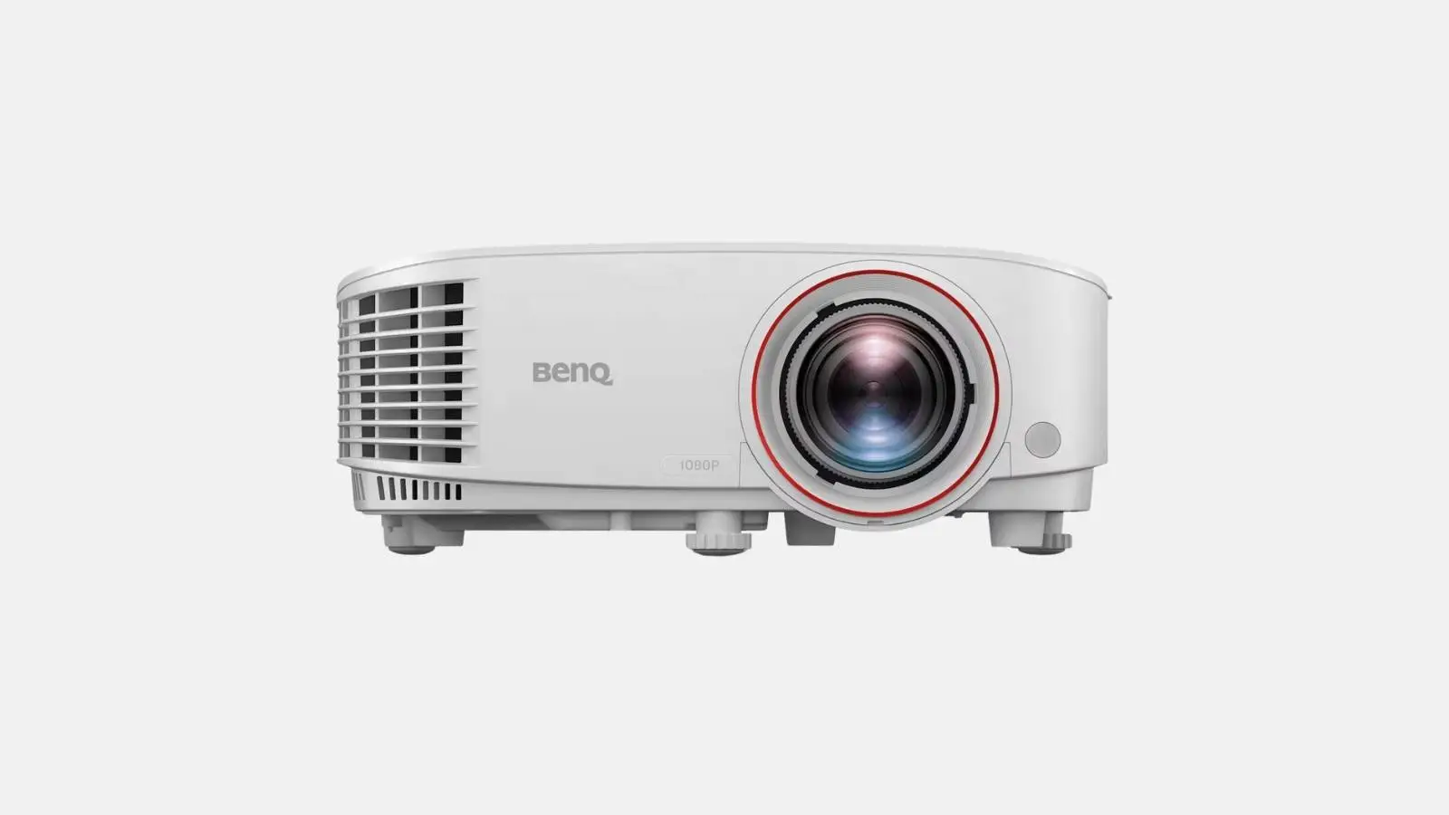 BenQ TH671ST Short-Throw-Beamer in Weiß mit rot umrandetem Objektiv in Frontansicht vor weißem Hintergrund.