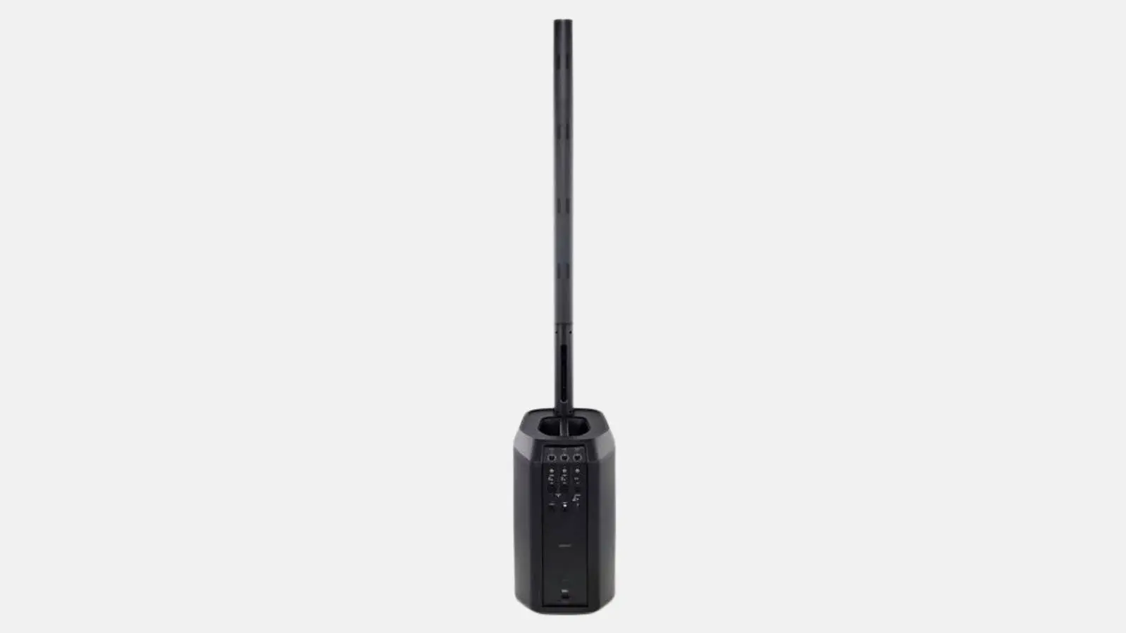 Bose L1 Pro16 Säulensystem in Schwarz als einzelne Line-Array-Säule auf Basseinheit in Frontansicht vor weißem Hintergrund.