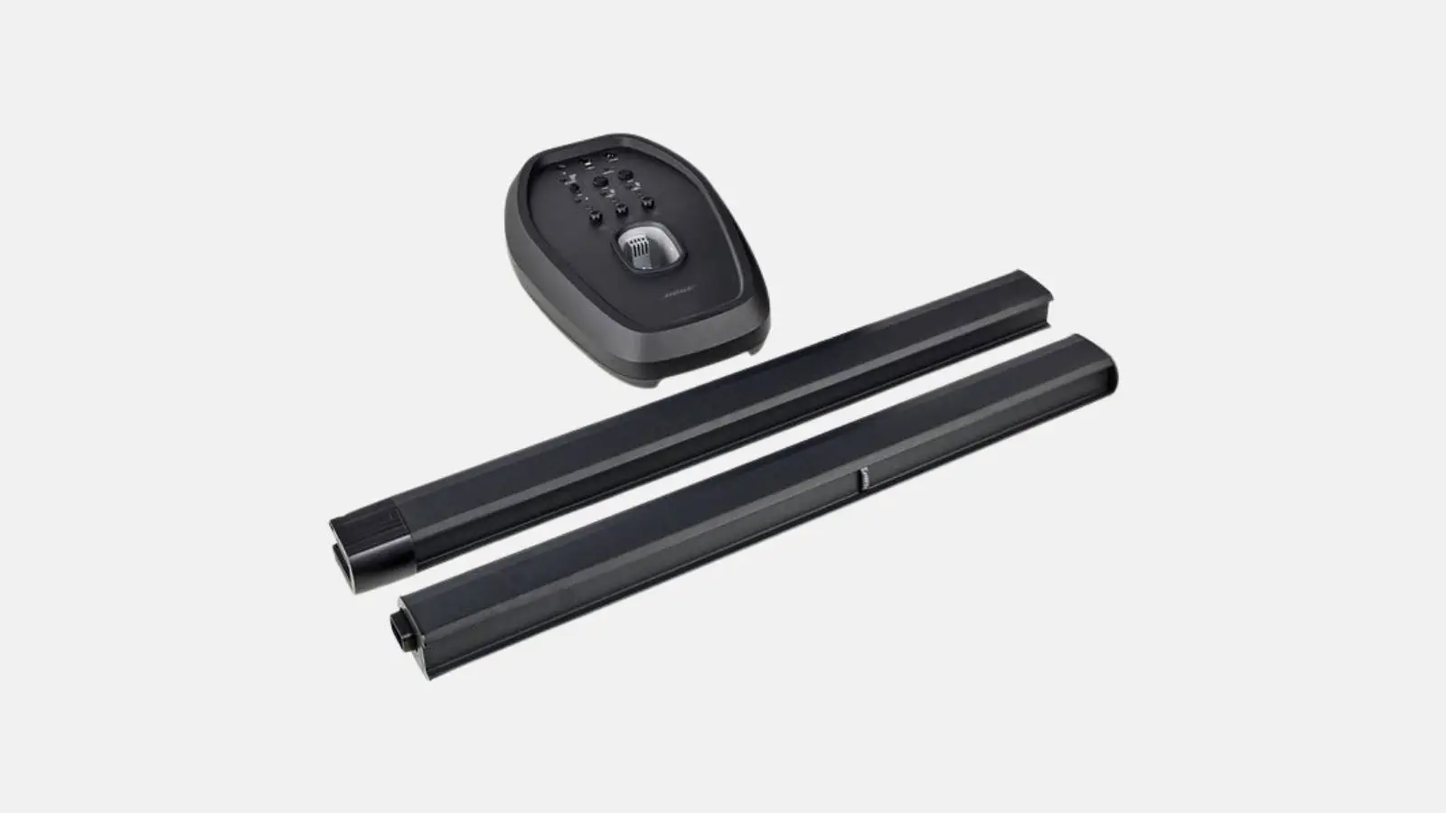 Bose L1 Pro32 Säulensystem in Einzelteilen mit ToneMatch-Basis und zwei Line-Array-Segmenten vor weißem Hintergrund.