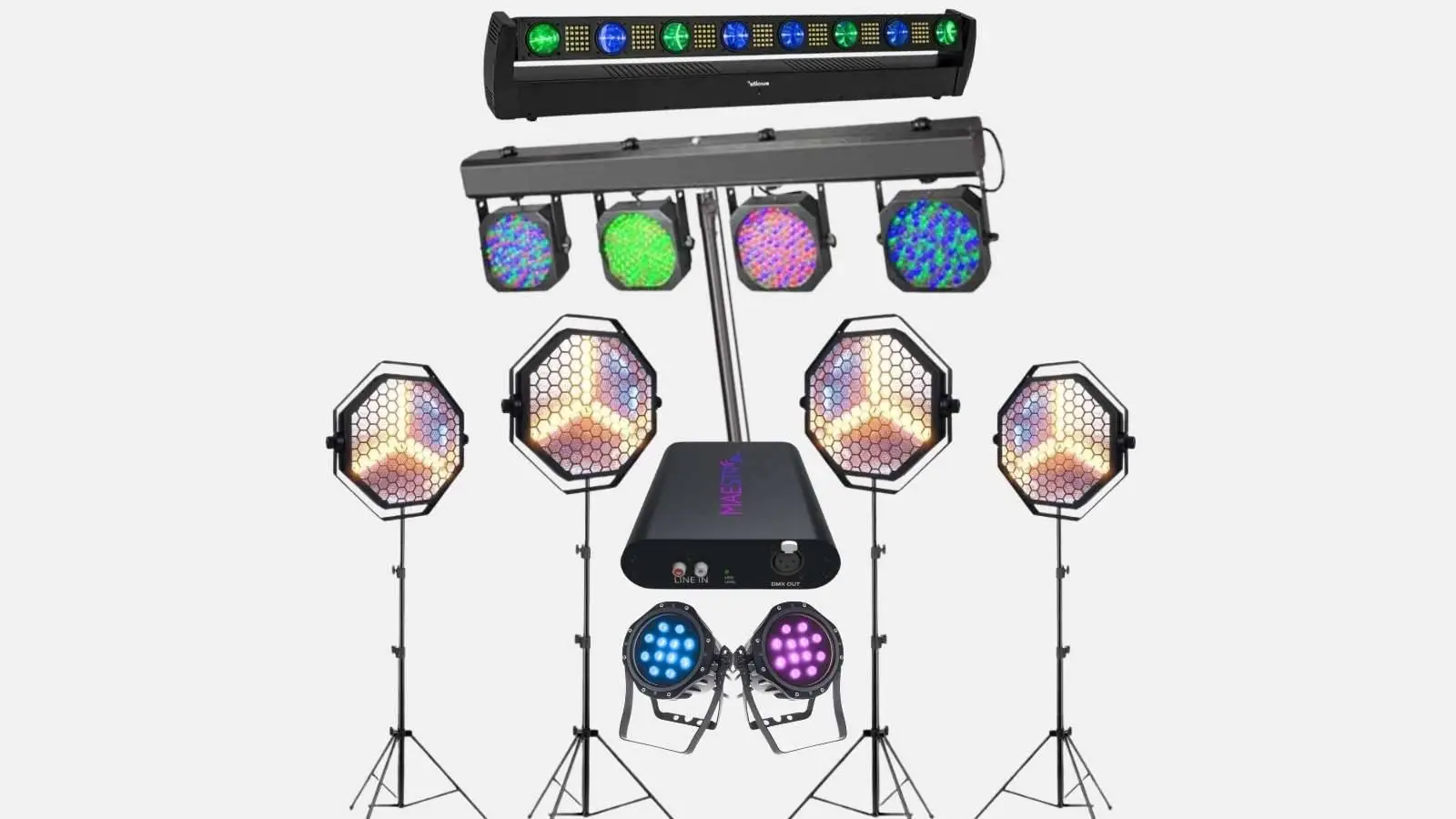 Bühnen Retro Blinder Paket mit EVOLIGHTS Retro Blinder Set, Cameo Party-Lichtbar, Wabenscheinwerfern und Stativen.