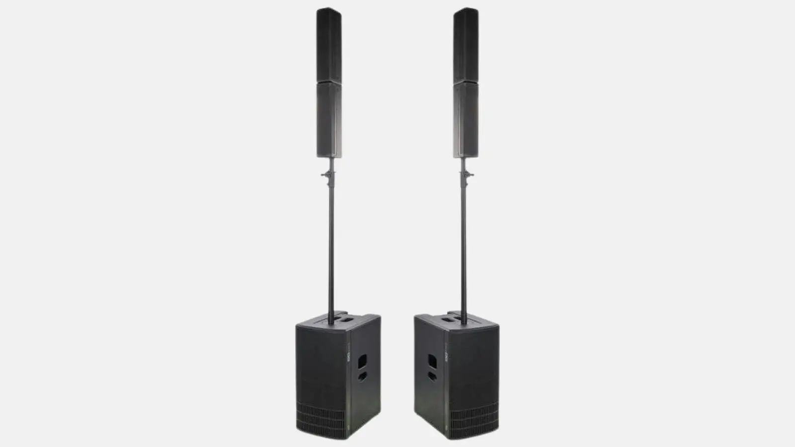 dB Technologies ES 1203 Säulensystem mit zwei Lautsprechersäulen auf Subwoofern vor grauem Hintergrund.