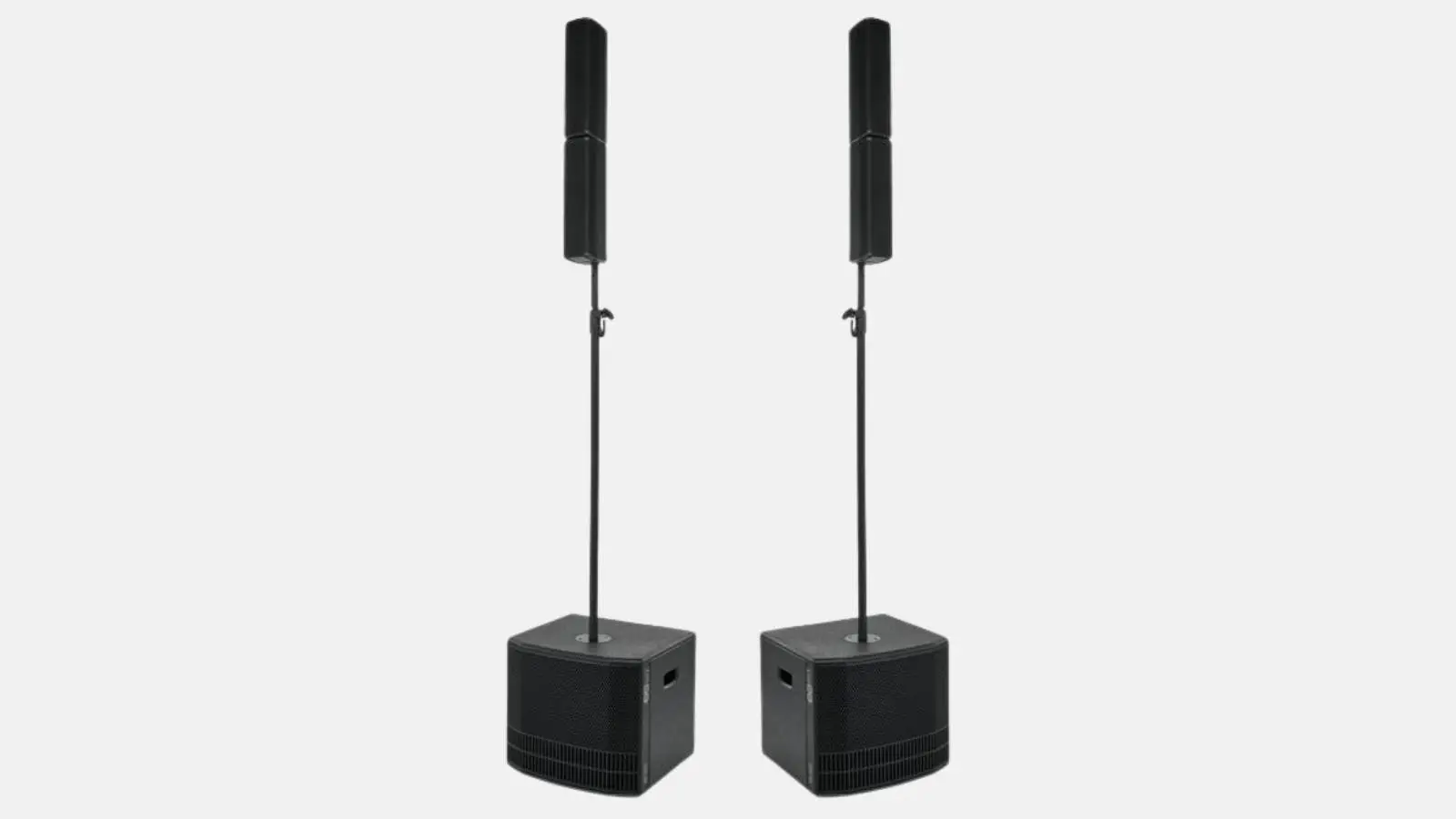 dB Technologies ES 503 Säulensystem mit zwei Lautsprechersäulen auf kompakten Subwoofern vor grauem Hintergrund.