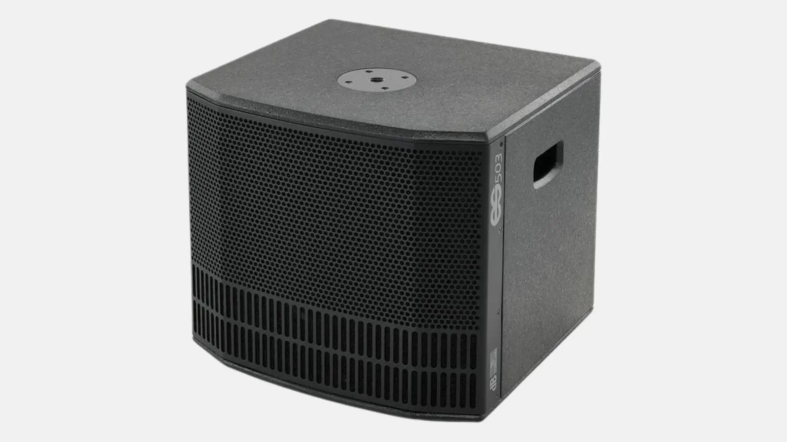 dB Technologies ES 503 Subwoofer in Schwarz mit Modellaufdruck vor grauem Hintergrund.