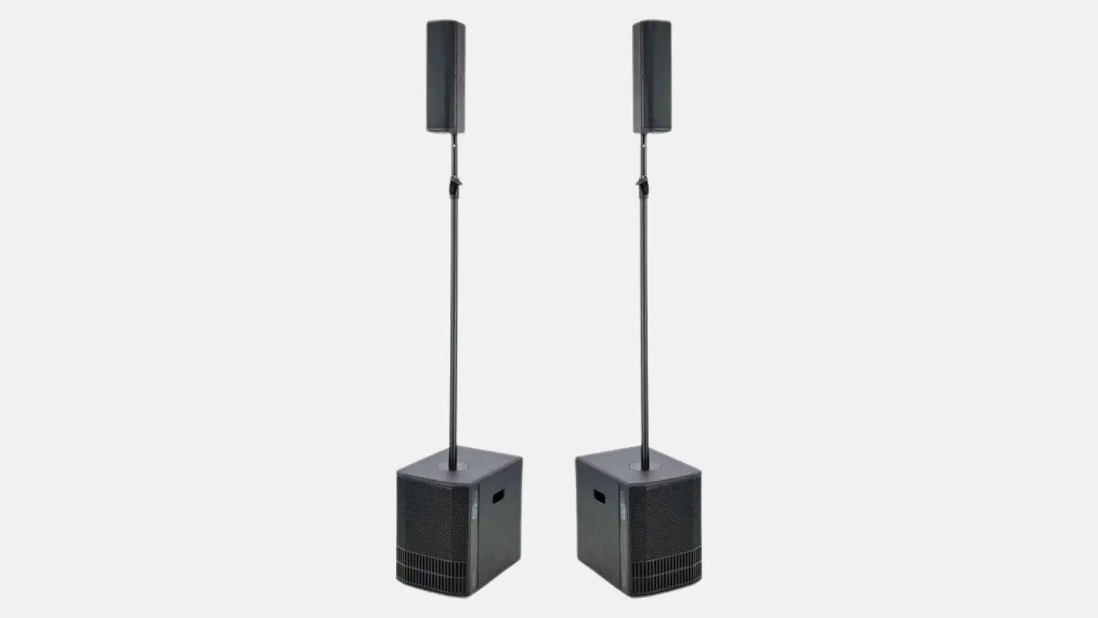 dB Technologies ES602 kompaktes Säulensystem mit zwei Lautsprechersäulen auf Subwoofern vor grauem Hintergrund.