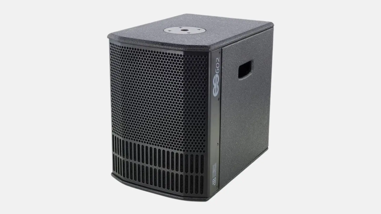 dB Technologies ES602 Subwoofer in Schwarz mit Modellkennzeichnung vor grauem Hintergrund.
