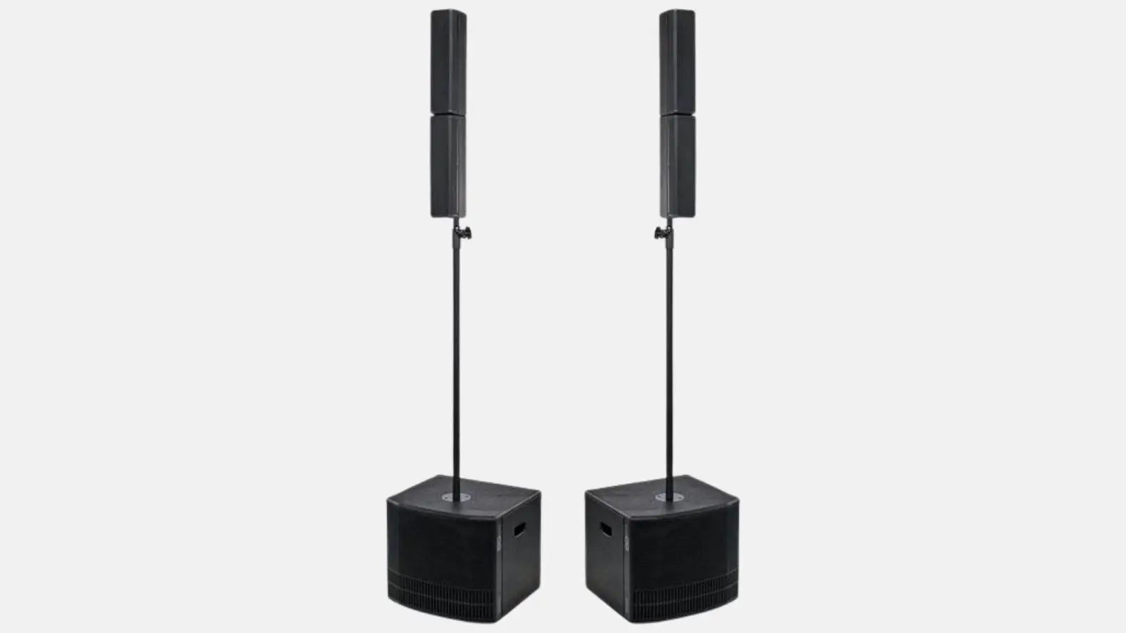 dB Technologies ES 802 Säulensystem mit zwei Lautsprechersäulen auf Subwoofern vor grauem Hintergrund.
