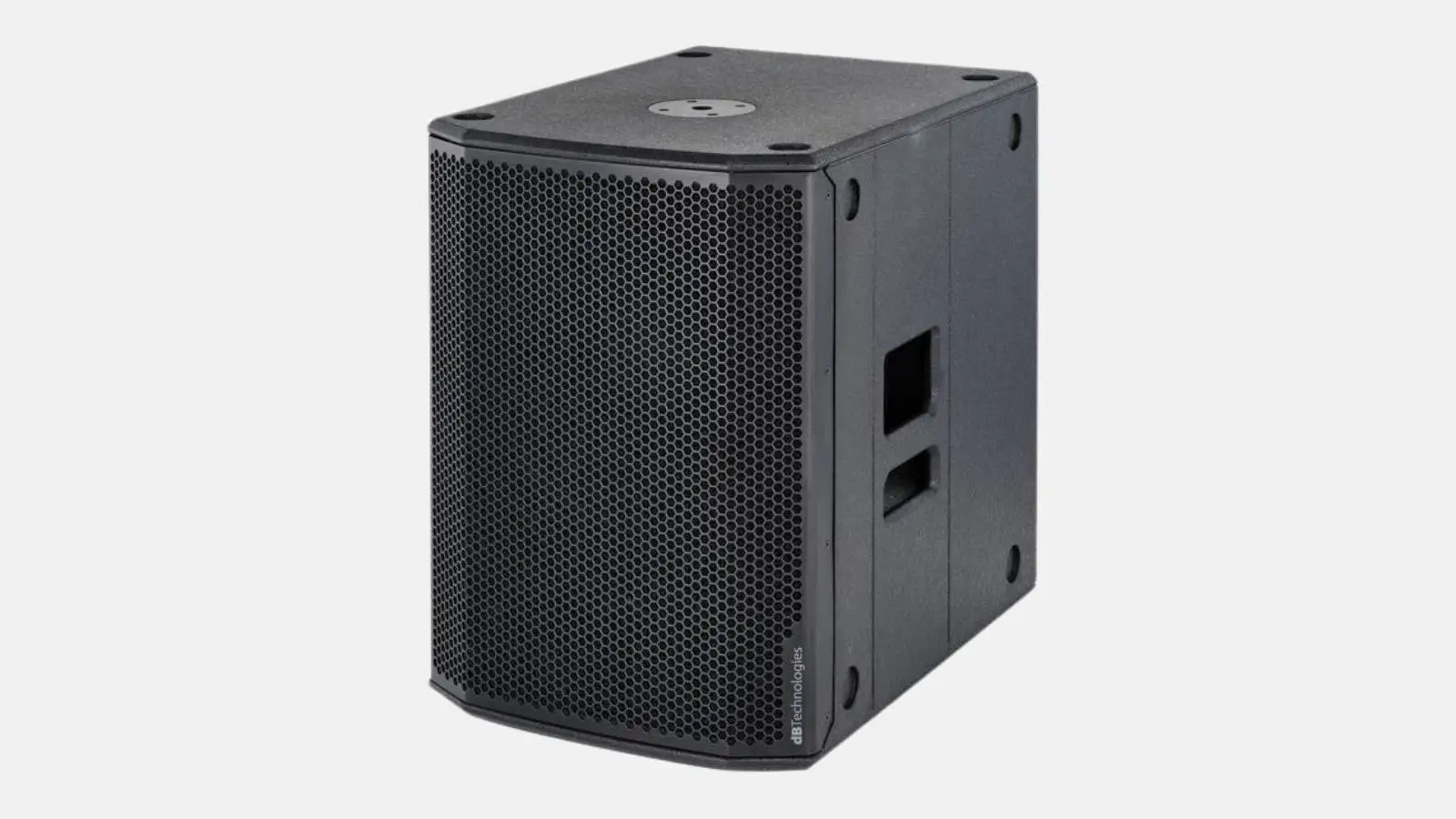 dB Technologies SUB 615 Subwoofer in Schwarz mit Bassreflexgehäuse und Griffmulden vor weißem Hintergrund.
