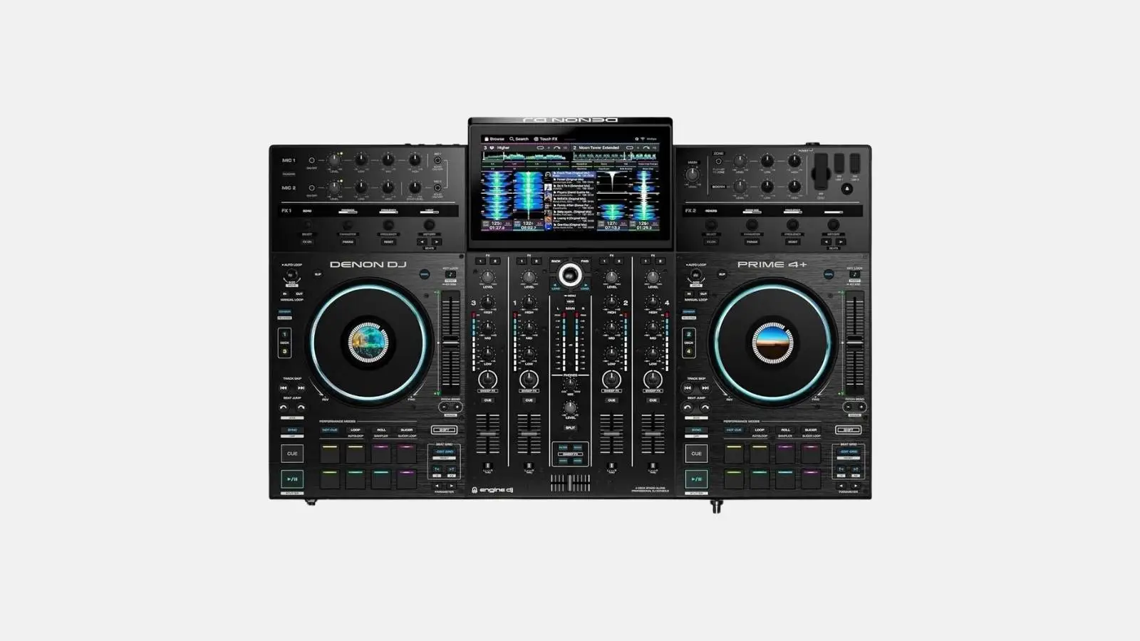 Denon DJ Prime 4+ Standalone DJ-Pult in Schwarz mit Touchscreen und zwei Jogwheels von oben vor weißem Hintergrund.
