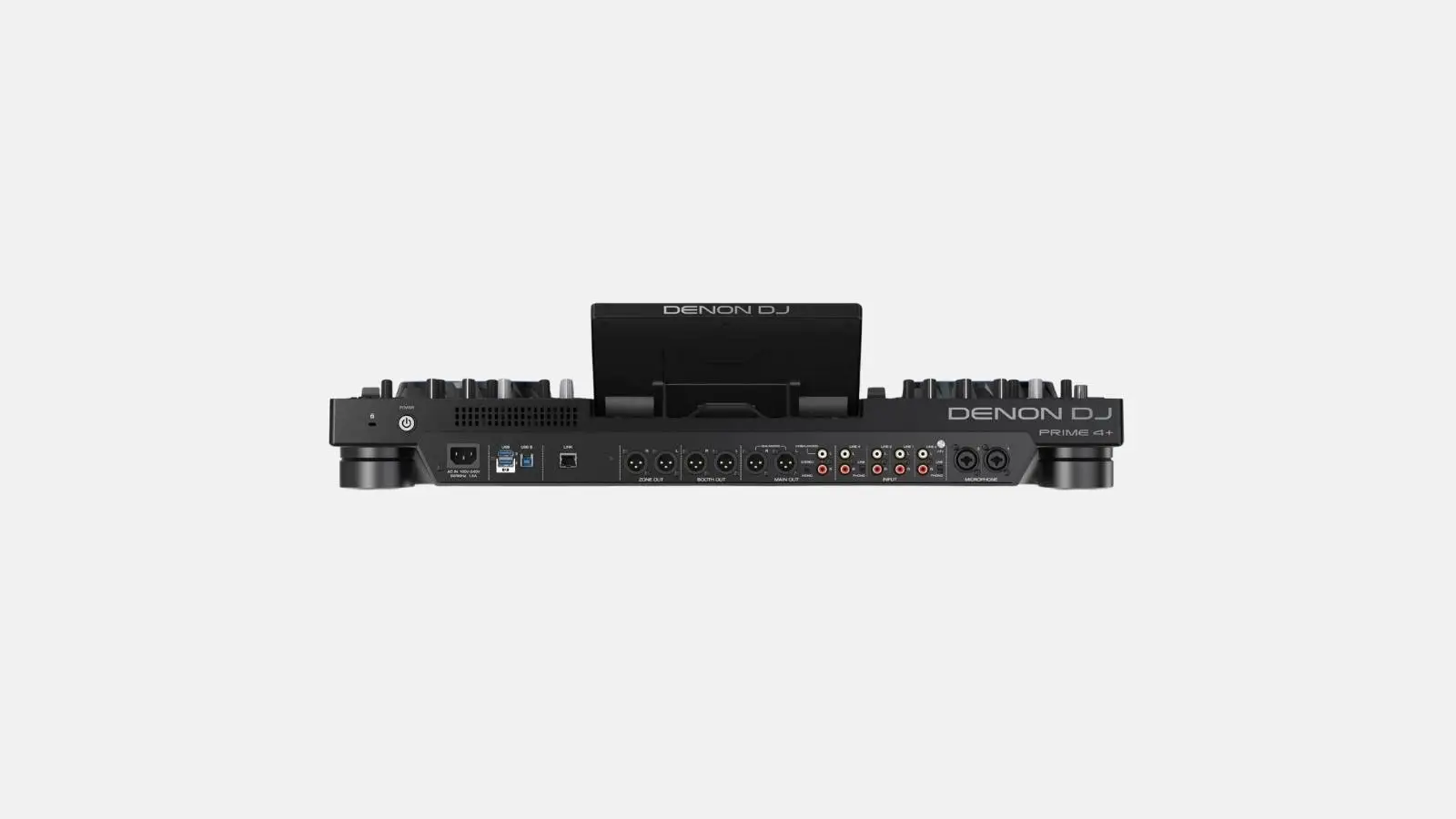 Denon DJ Prime 4+ Standalone DJ-Pult in Schwarz mit Anschlussfeld auf der Rückseite vor weißem Hintergrund.