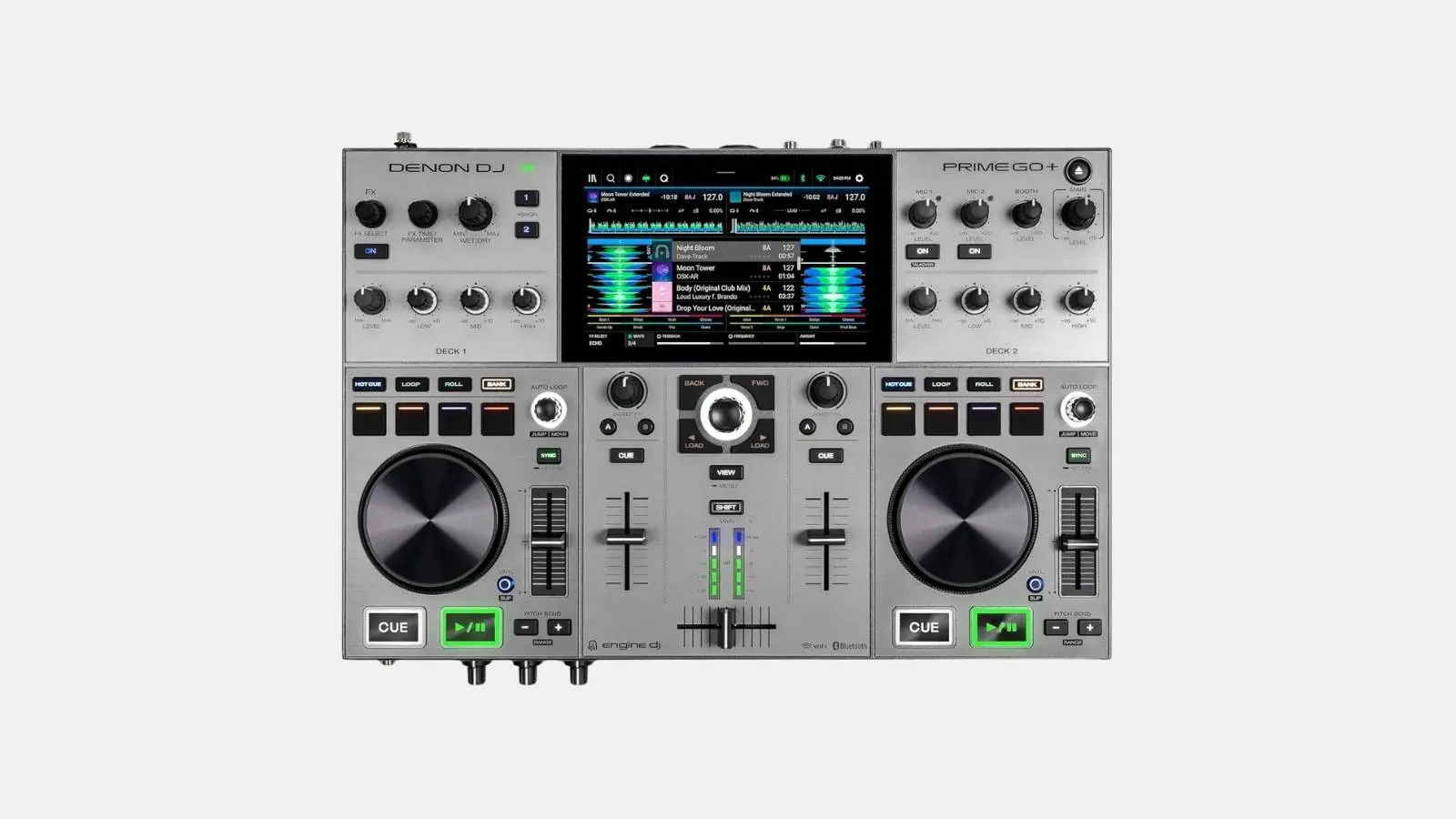 Denon DJ Prime GO+ Akku-Standalone DJ-Pult in Silber mit Touchscreen und zwei Jogwheels vor weißem Hintergrund.