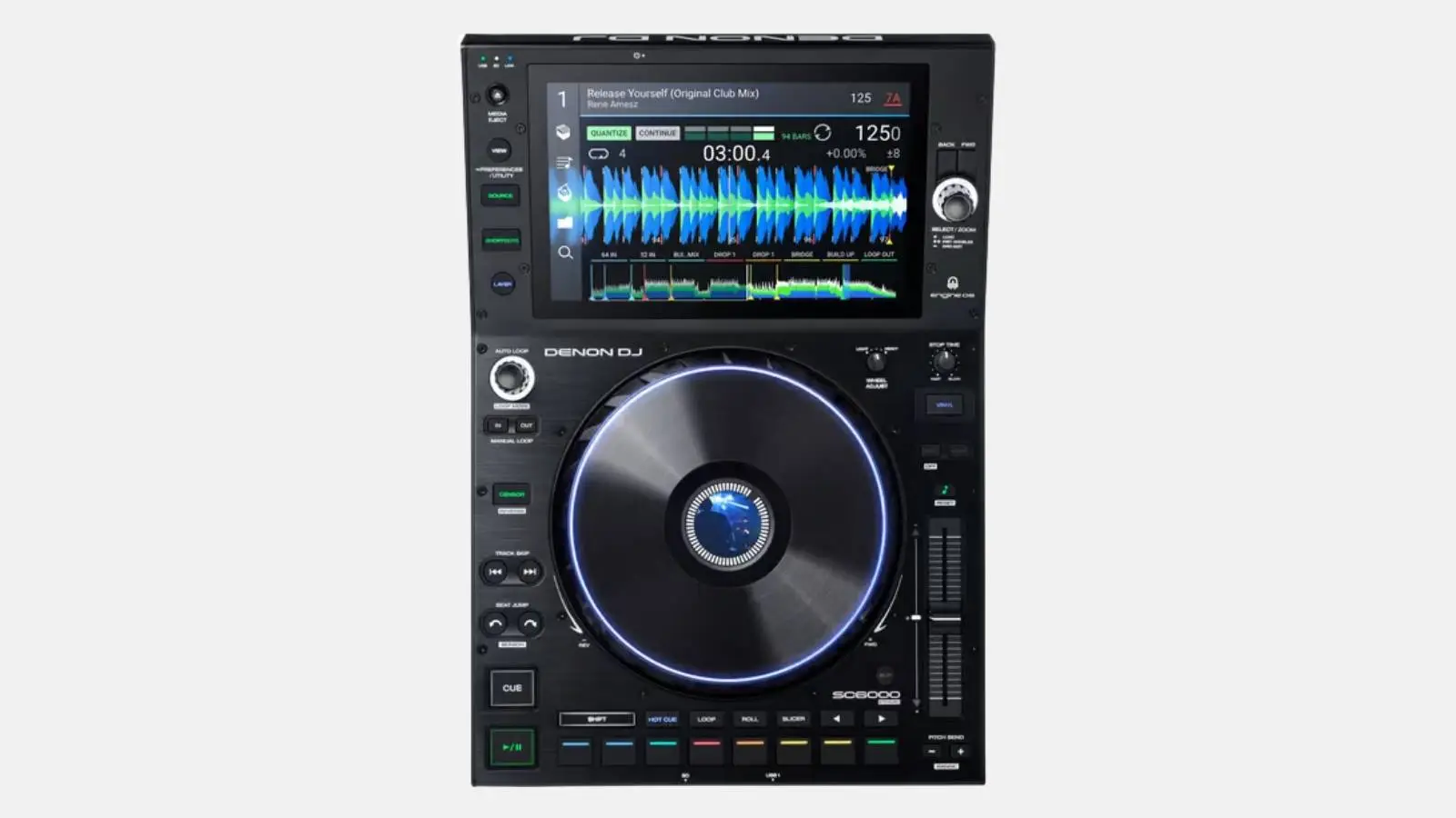 Denon DJ SC6000 DJ-Multiplayer in Schwarz mit großem Jogwheel und Touchscreen von oben vor weißem Hintergrund.
