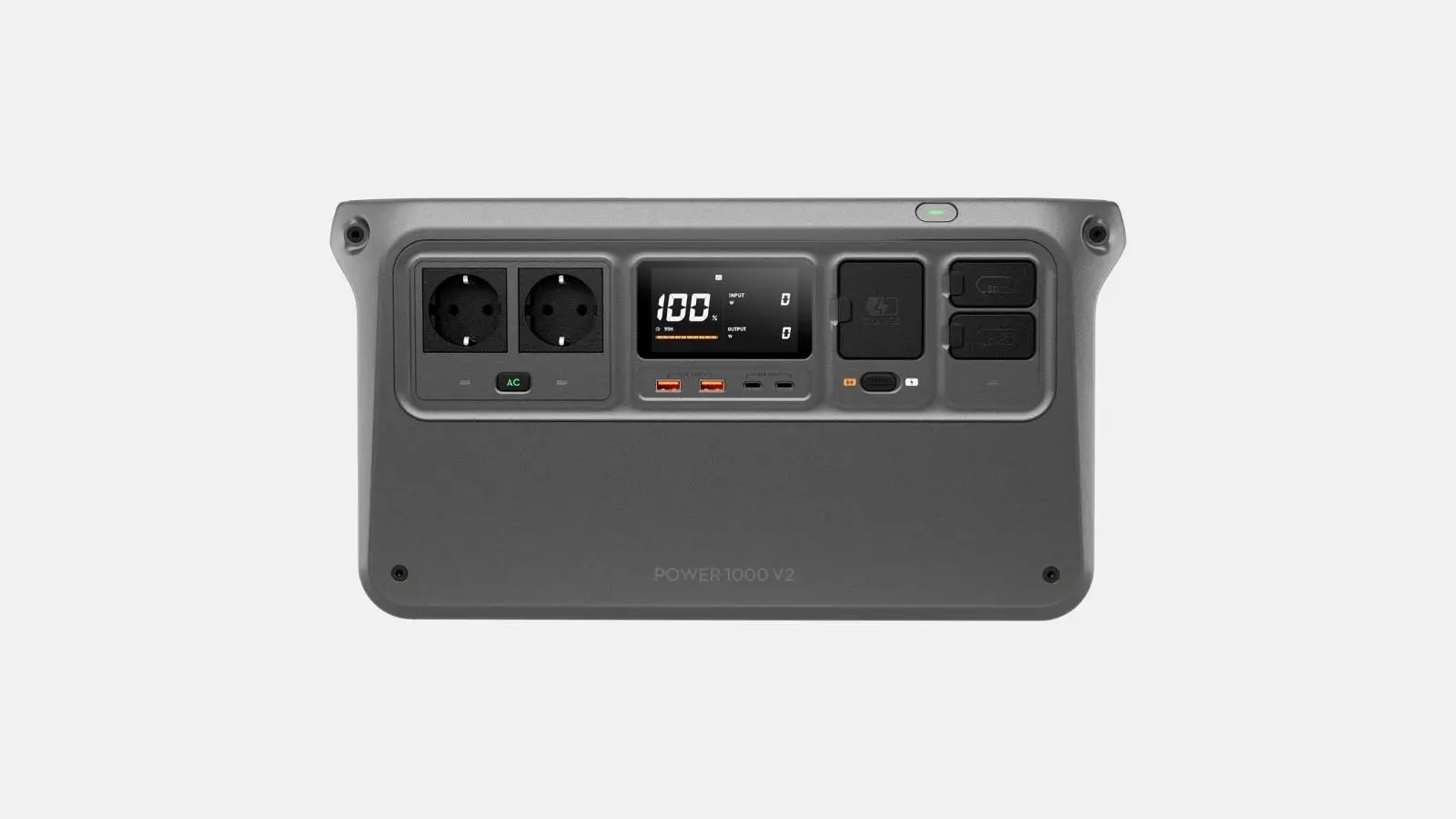 DJI Power 1000 V2 Powerstation in Grau mit Display und Anschlussfeld in Frontansicht vor weißem Hintergrund.