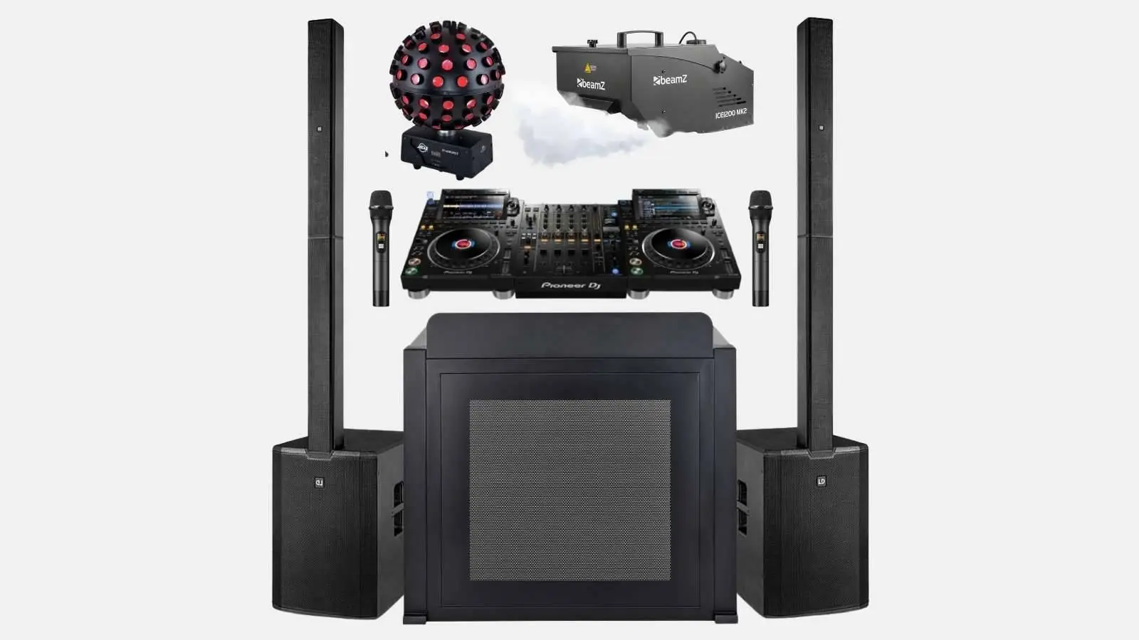 DJ-Komplettset mit Pioneer DJ Player, zwei Säulenlautsprechern, Subwoofer, Funkmikrofonen, Nebelmaschine und Lichteffekt.