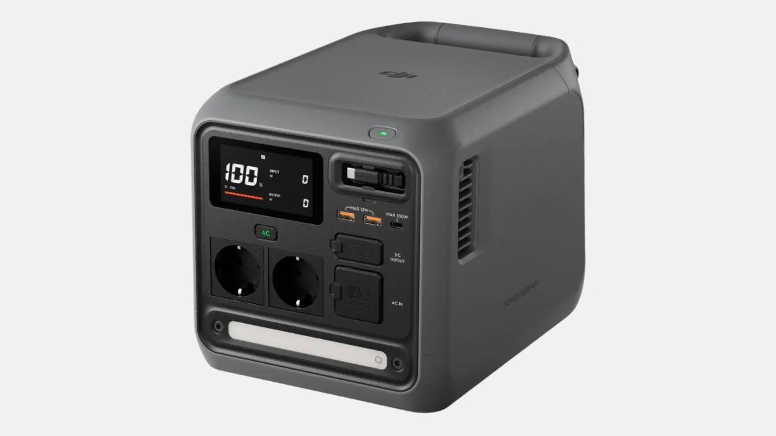 DJI Power 1000 Mini Powerstation in Grau mit Display, Schuko-Steckdosen und USB-Anschlüssen vor weißem Hintergrund.