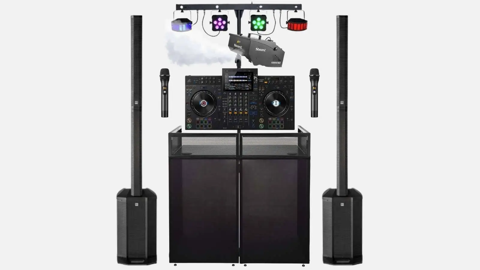 Pioneer XDJ-AZ DJ-Controller im Set mit zwei HK Audio Polar 12 Säulenlautsprechern, Lichtbar, Nebelmaschine und Funkmikrofonen.