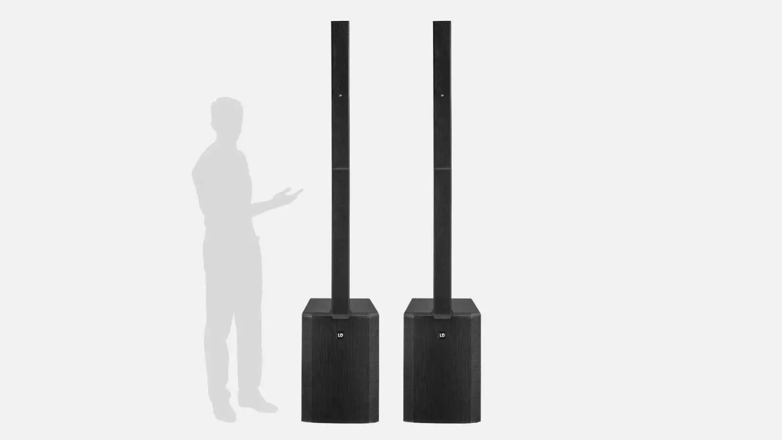 Zwei LD Maui 44 G2 Säulenlautsprecher in Schwarz mit Personensilhouette als Größenvergleich vor weißem Hintergrund.