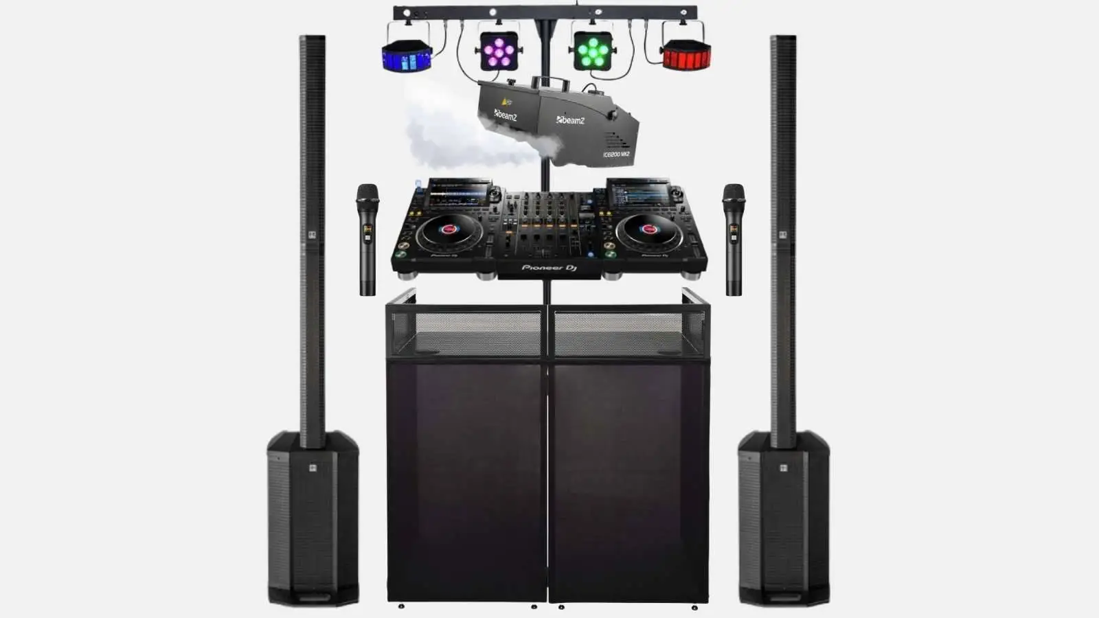 Pioneer CDJ 3000 Player mit DJM A9 Mixer im DJ-Komplettset mit HK Audio Polar 12 Säulenlautsprechern, Lichtbar und Nebelmaschine.