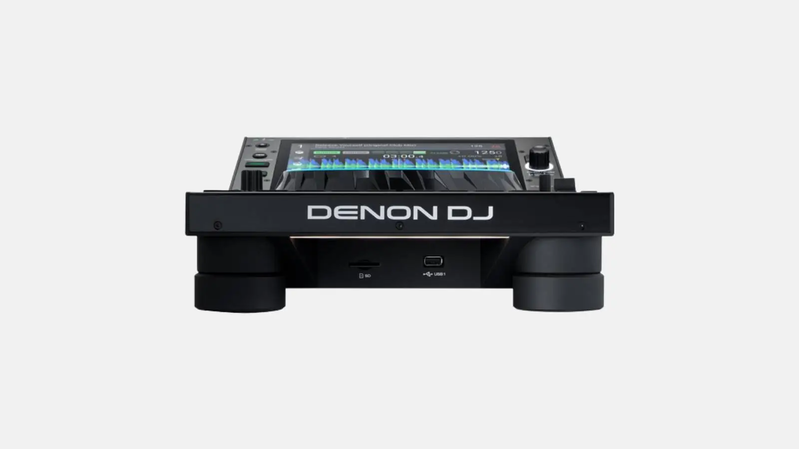 Denon DJ SC6000 DJ-Multiplayer in Schwarz mit Display und Frontanschlüssen vor weißem Hintergrund.